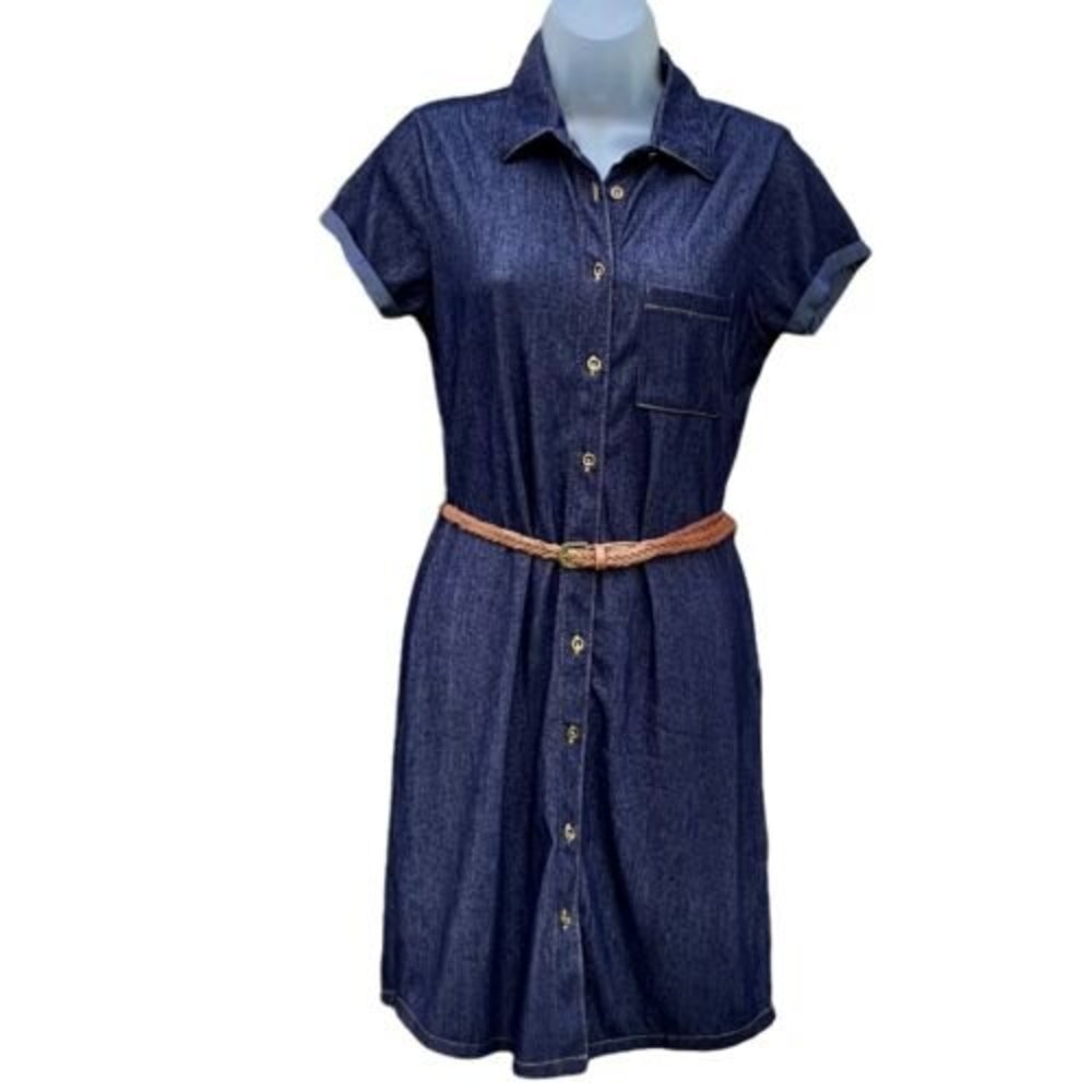 BOBBIE BROOKS Blue Denim Look Short Sleeves Button Down Shirt‎ Knit Dress Sz S